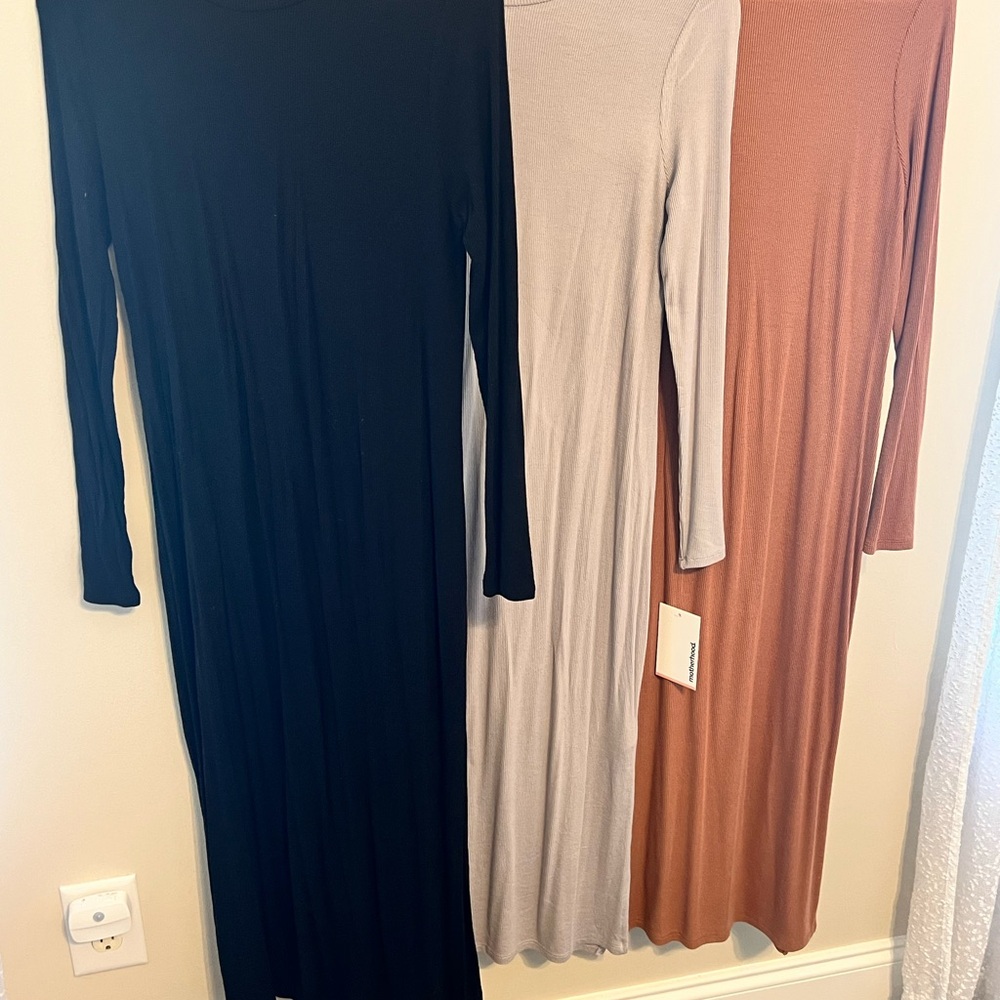 Motherhood Maternity Long-Sleeve Midi Dresses — Black, Light Gray, Rust